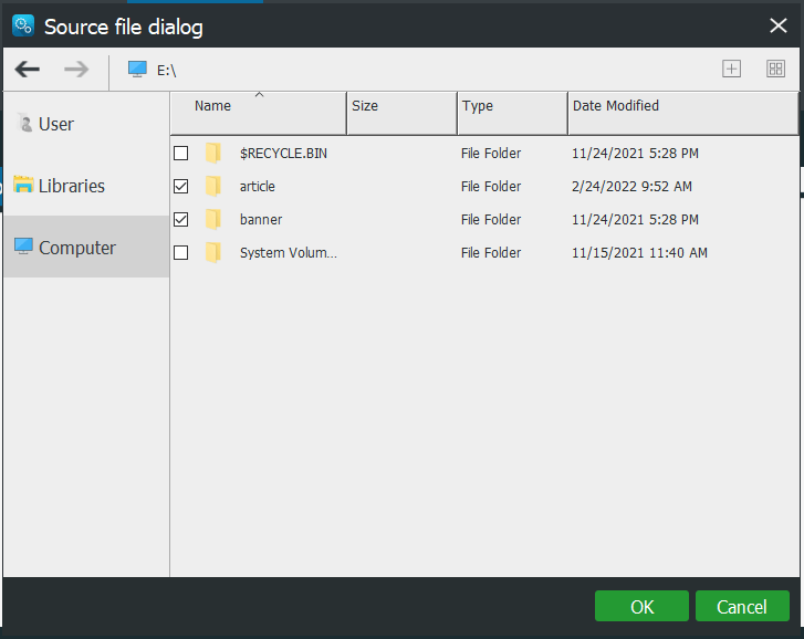 choose files to back up