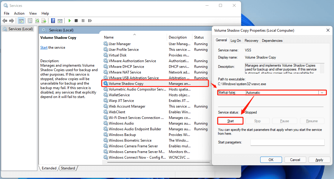 start Volume Shadow Copy Service (VSS)