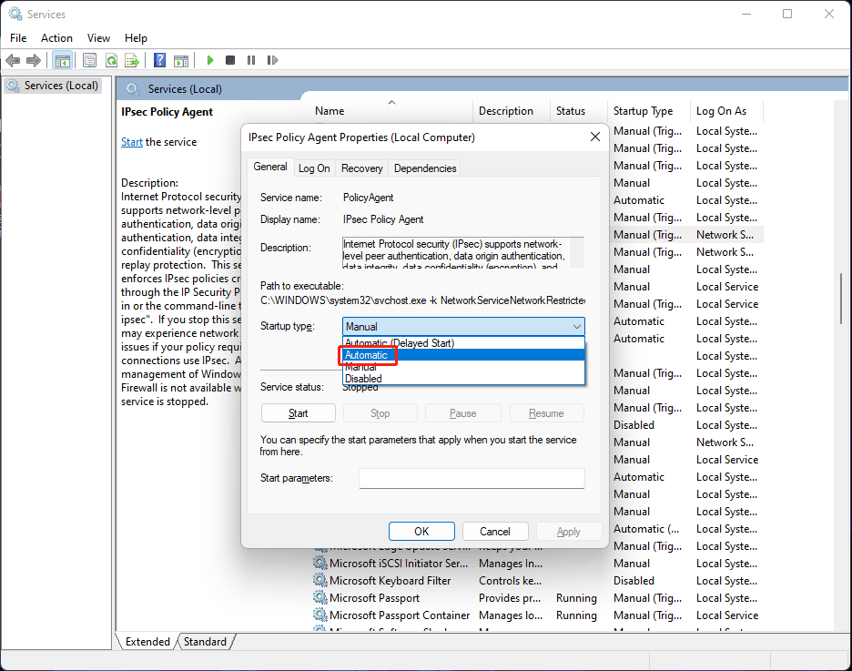 set automatic startup for IPsec Policy Agent