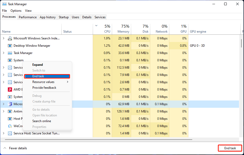 close unnecessary apps using task manager