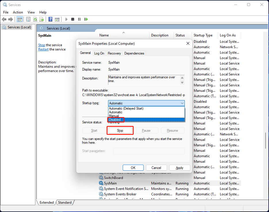 disable SysMain Service