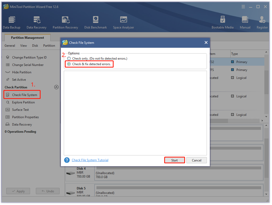 check file system using MiniTool Partition Wizard