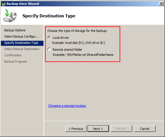 specify Windows Server backup destination