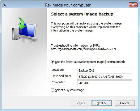 select a system state image backup