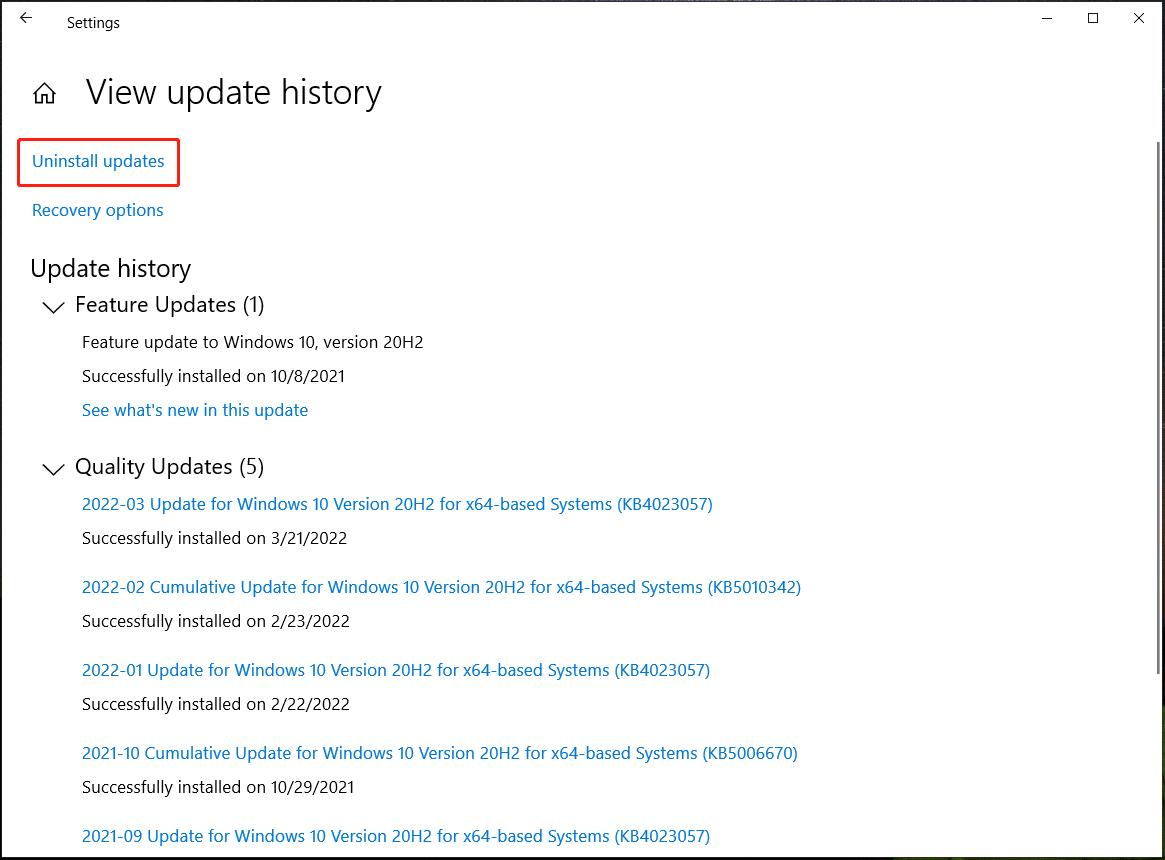 view update history Windows 10