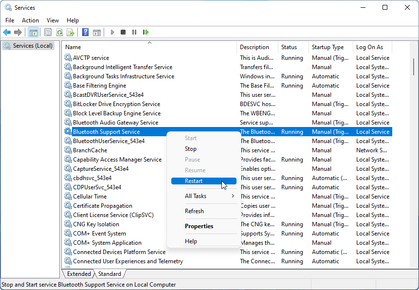 restart Bluetooth Support Service