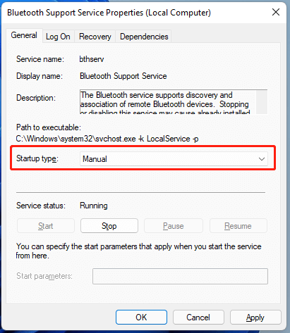 set Bluetooth Support Service startup type to manual