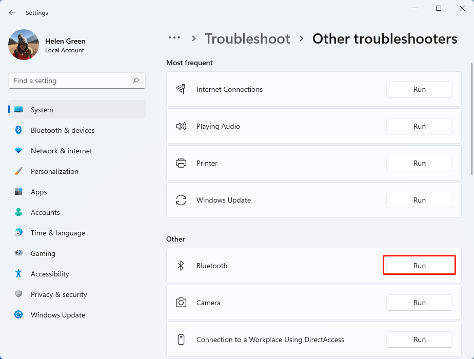 run Bluetooth troubleshooter