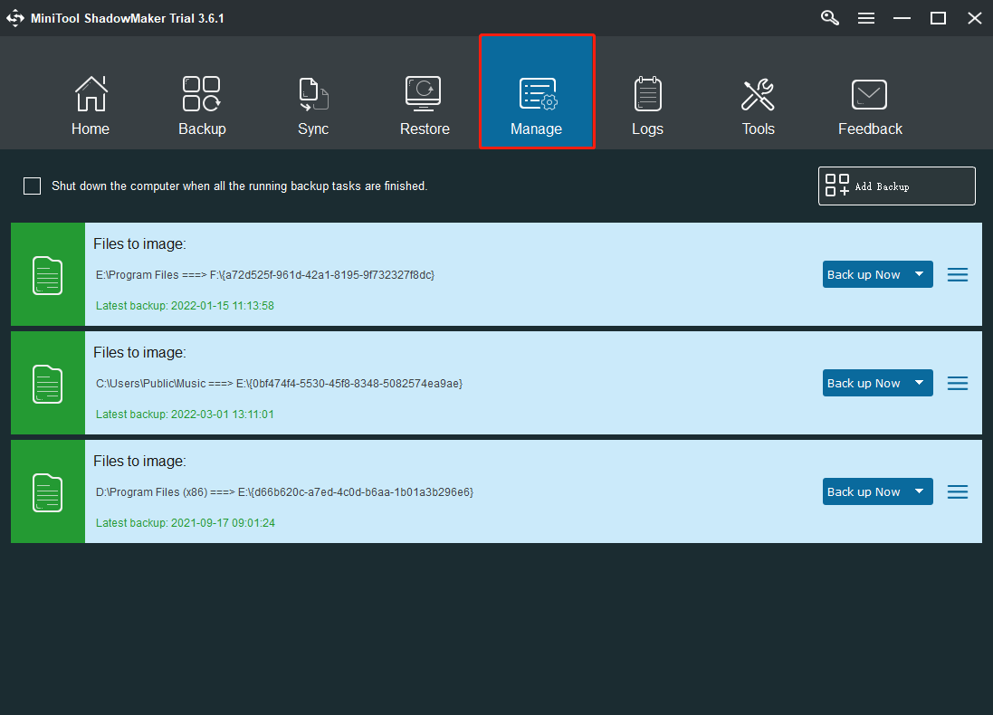 click Manage