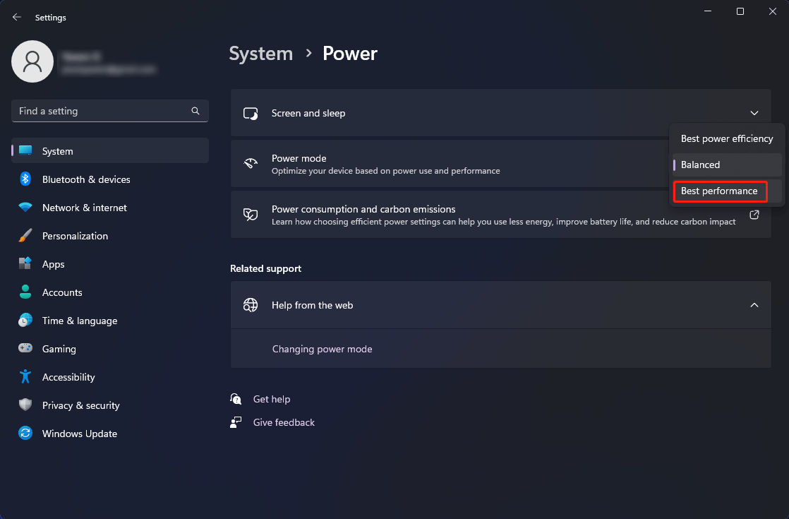 change power mode to best performance