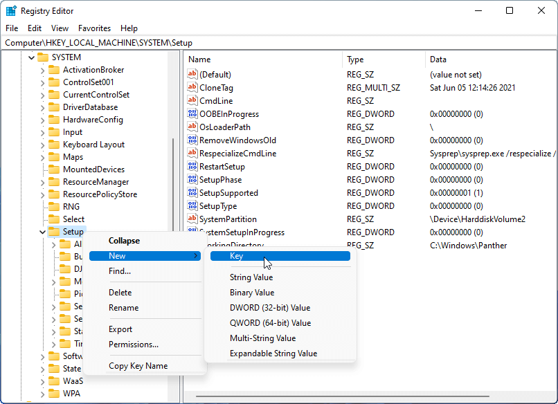 create new key for system setup