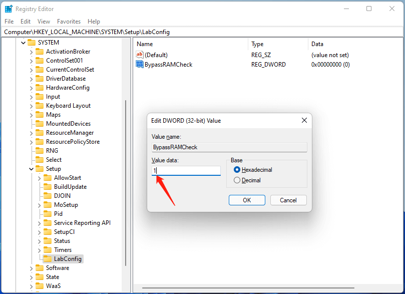 alter BypassRAMCheck value to 1