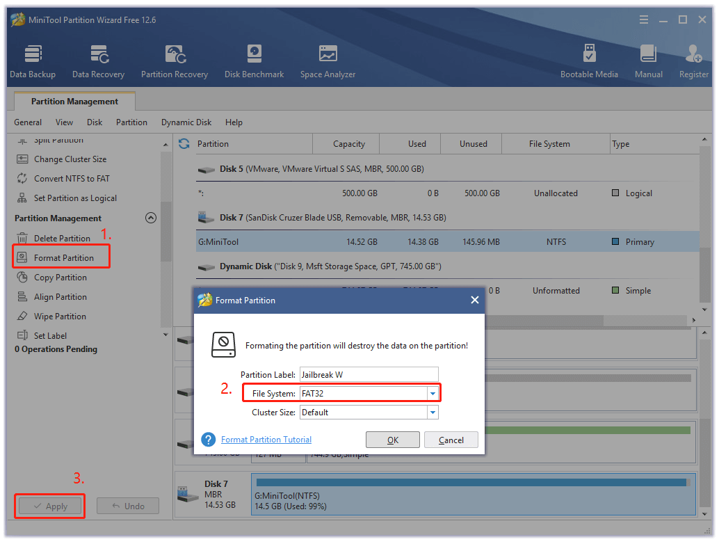 format SD card using MiniTool Partition Wizard