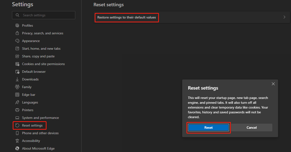 reset Microsoft Edge to default