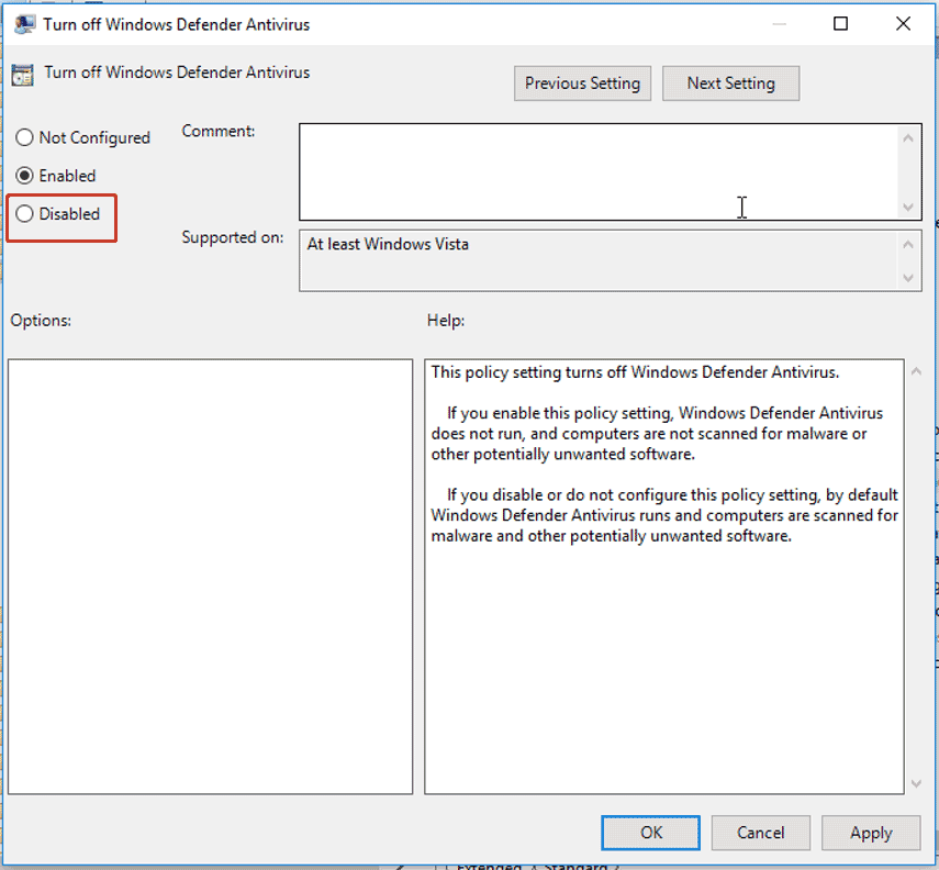 disable turn off Windows Defender in Group Policy