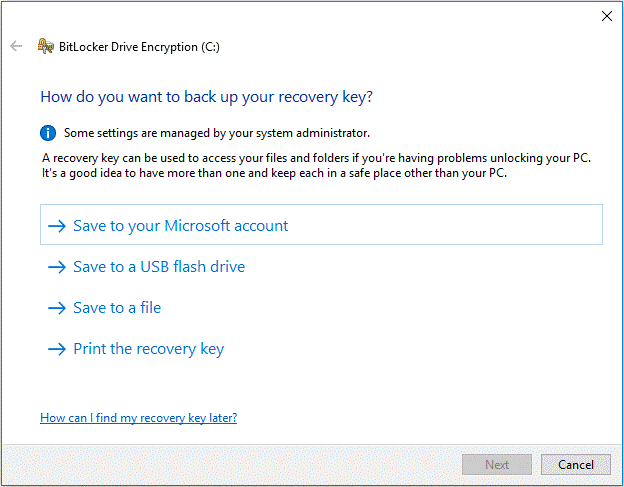 save a location to back up the BitLocker recovery key