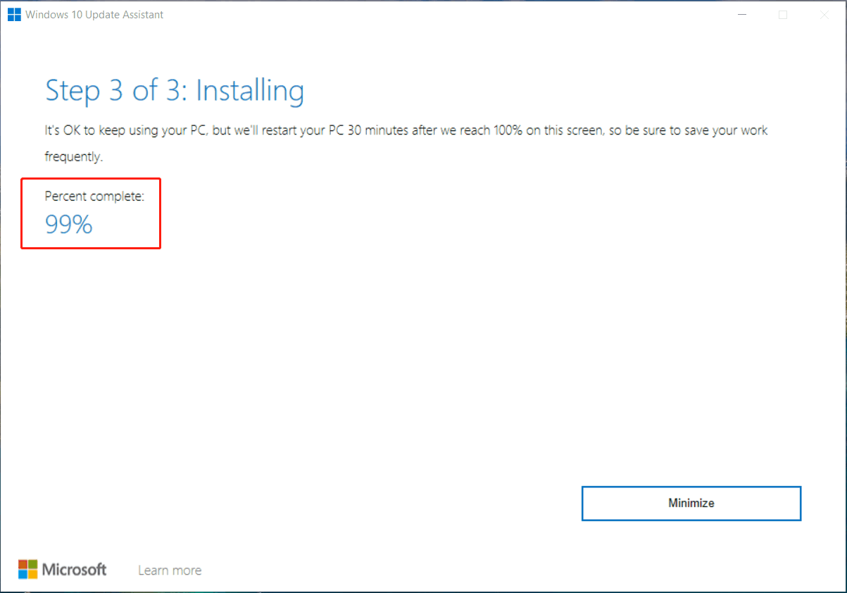 Windows 10 Update Assistant is stuck at 99%