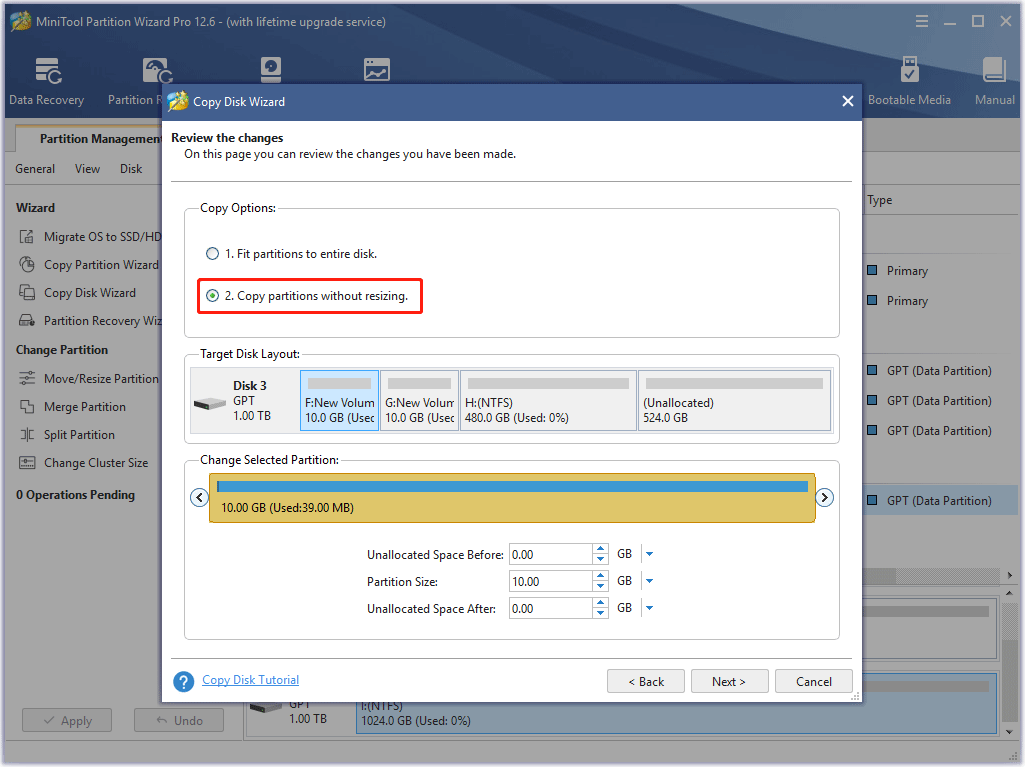 Copy partitions without resizing