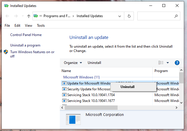 uninstall Windows updates
