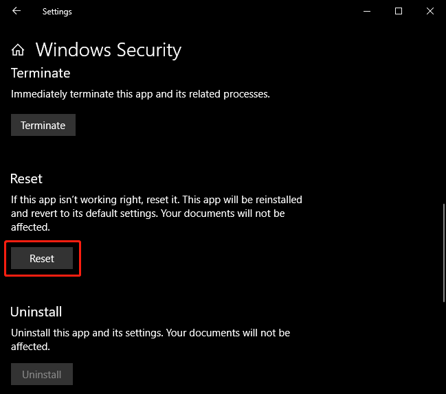 reset Windows Security app