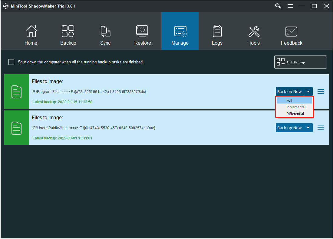 choose the backup type you prefer