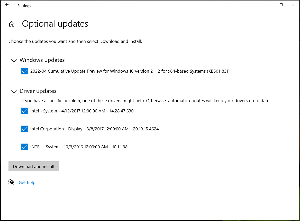 install optional updates on Windows 10