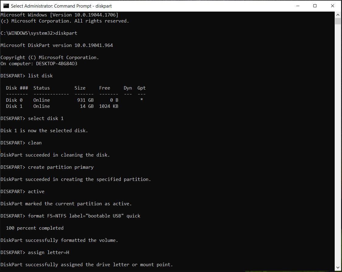 create bootable USB in Command Prompt