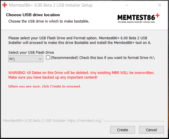 choose USB drive Memtest 86+