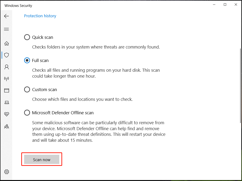 Windows Security scan options