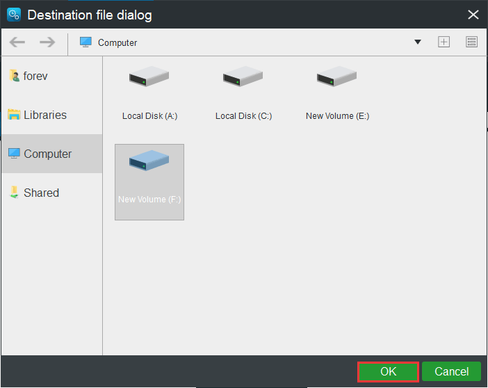 choose the backup destination