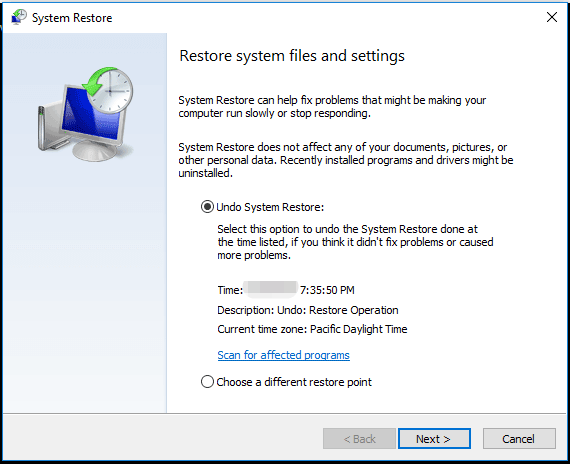 System Restore main interface