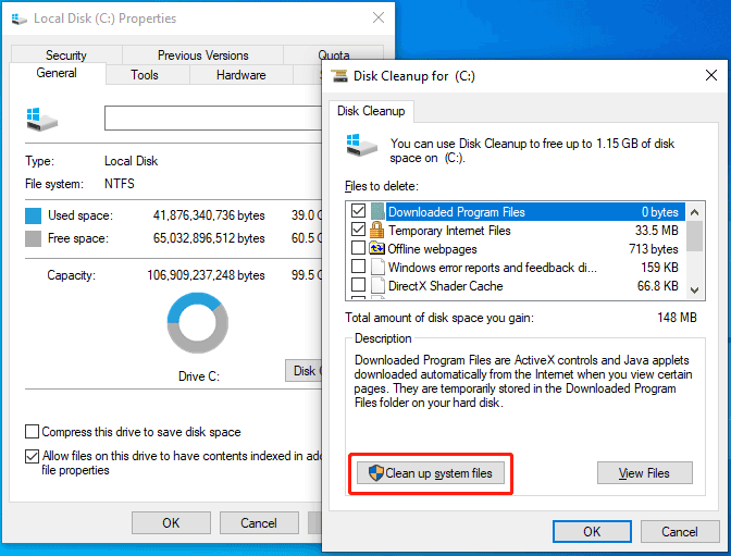 clean up system files via Disk Cleanup