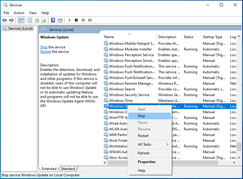stop Windows Update service