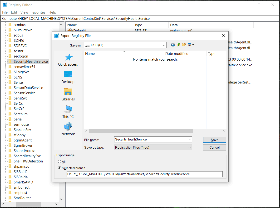 export missing security services in Registry