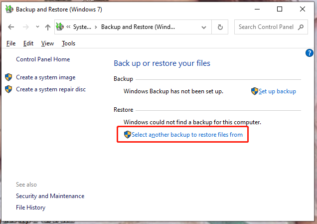 hit Select another backup to restore files from