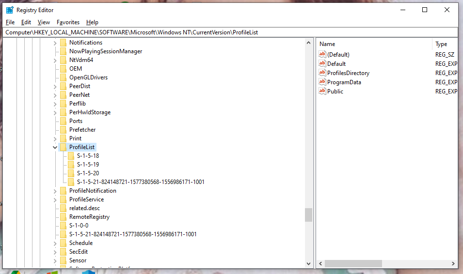 locate ProfileList folder
