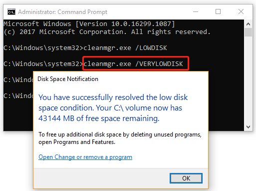 run cleanmgr verylowdisk command
