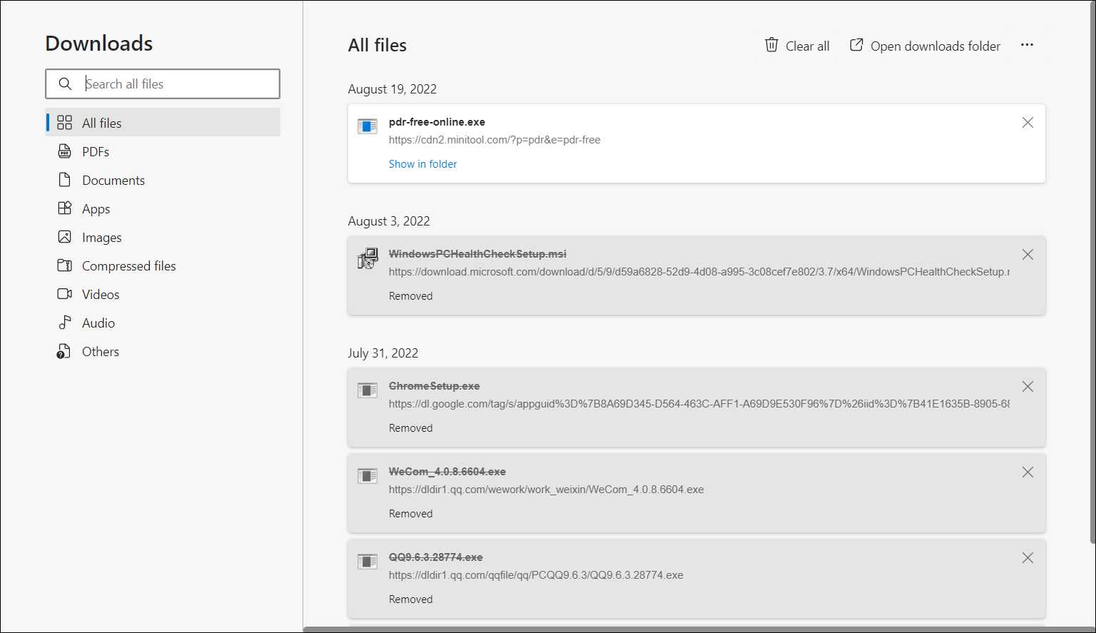 Downloads history in Edge