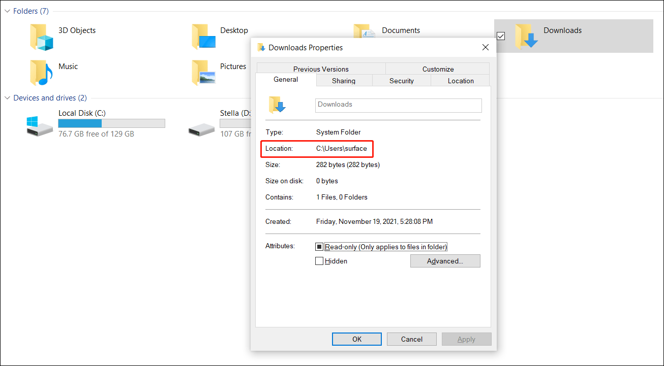 the Downloads folder location