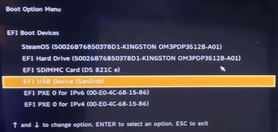 Steam Deck Boot Manager select the target USB drive