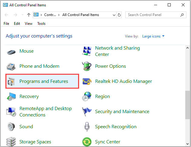 click Programs and Features