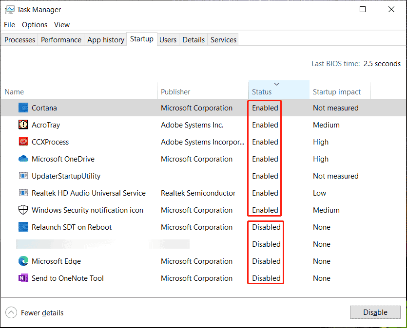 startup in Task Manager