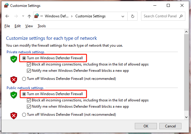 turn on Windows Defender Firewall