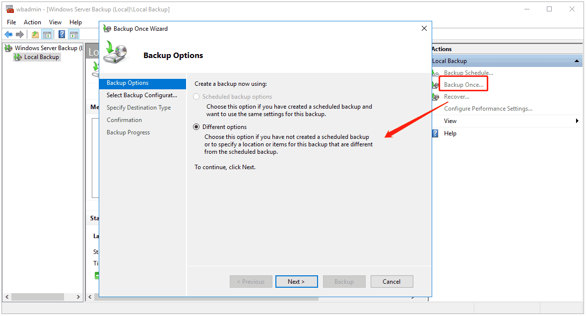 backup once with Windows Server Backup