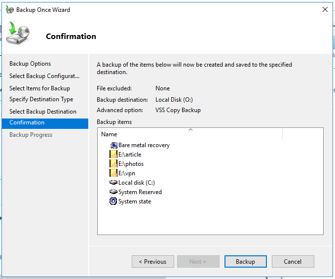 start backup with Windows Server Backup