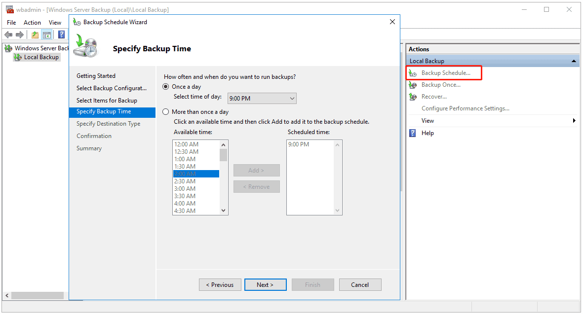 backup schedule in Windows Server Backup