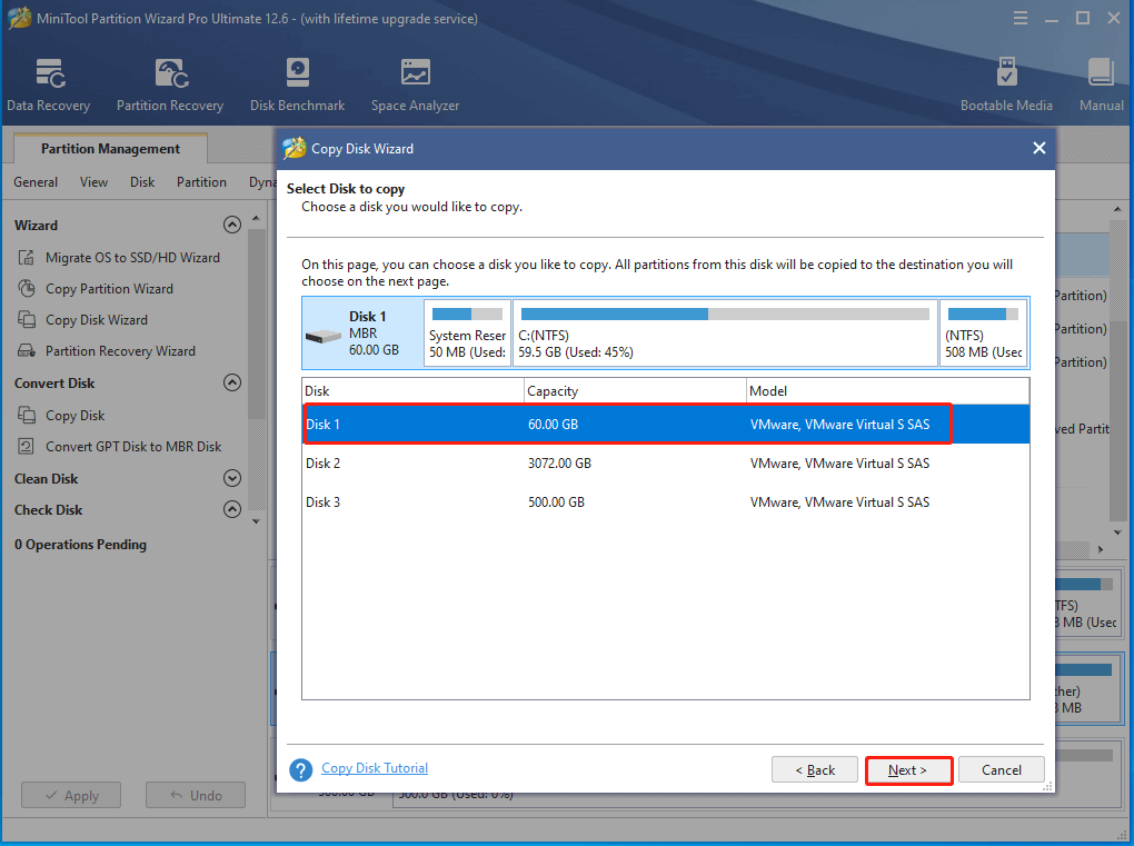 select the disk to copy