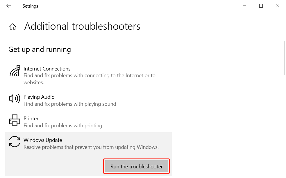 run Windows Update troubleshooter on Windows 10