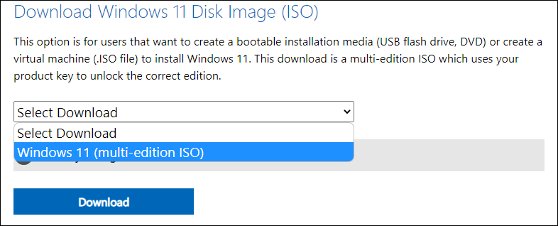 download a Windows 11 ISO file from Microsoft