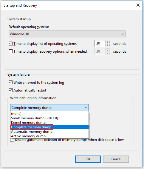 choose the Complete memory dump option